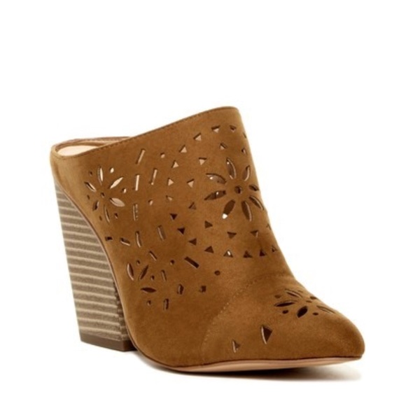 Cognac Laser Cut Closed Toe Block Heel Mule Clog - Picture 7 of 8